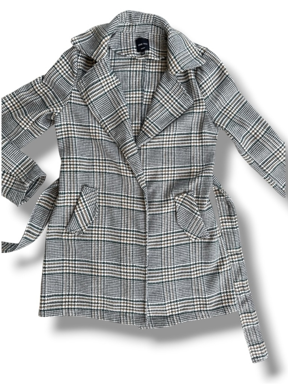 Love Tree Houndstooth Plaid Belted Trench Coat Size Medium - Picture 6 of 11